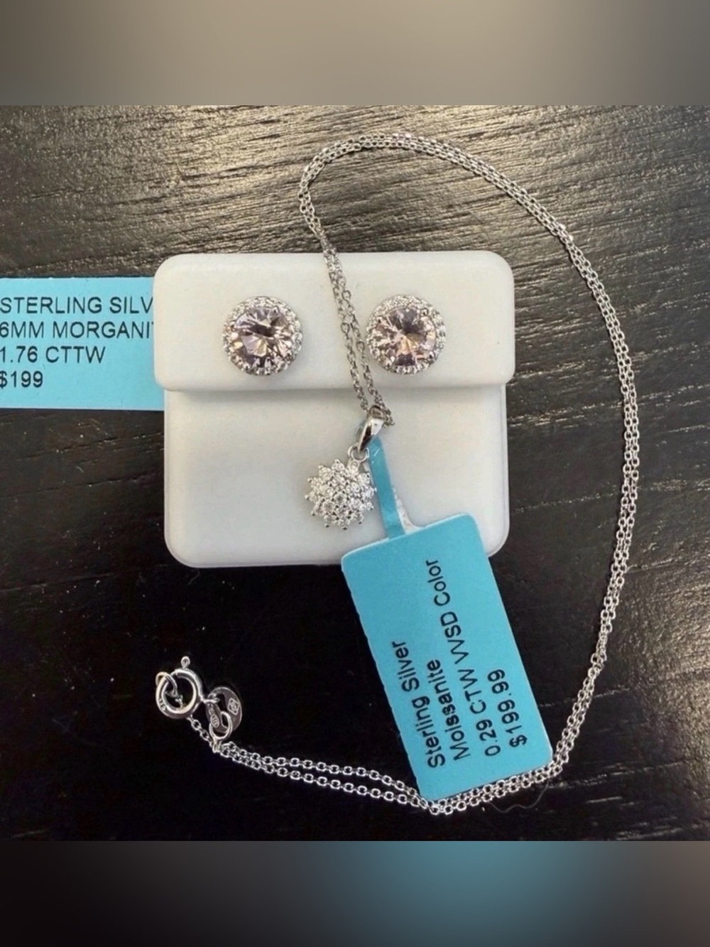 925 Sterling Silver/Moissanite Necklace and 925/Morganite pink Earrings Set